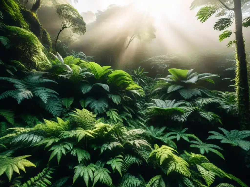 Explora la naturaleza en Uruguay: luz solar filtrándose en el denso dosel de un exuberante bosque verde, creando un juego de luces y sombras