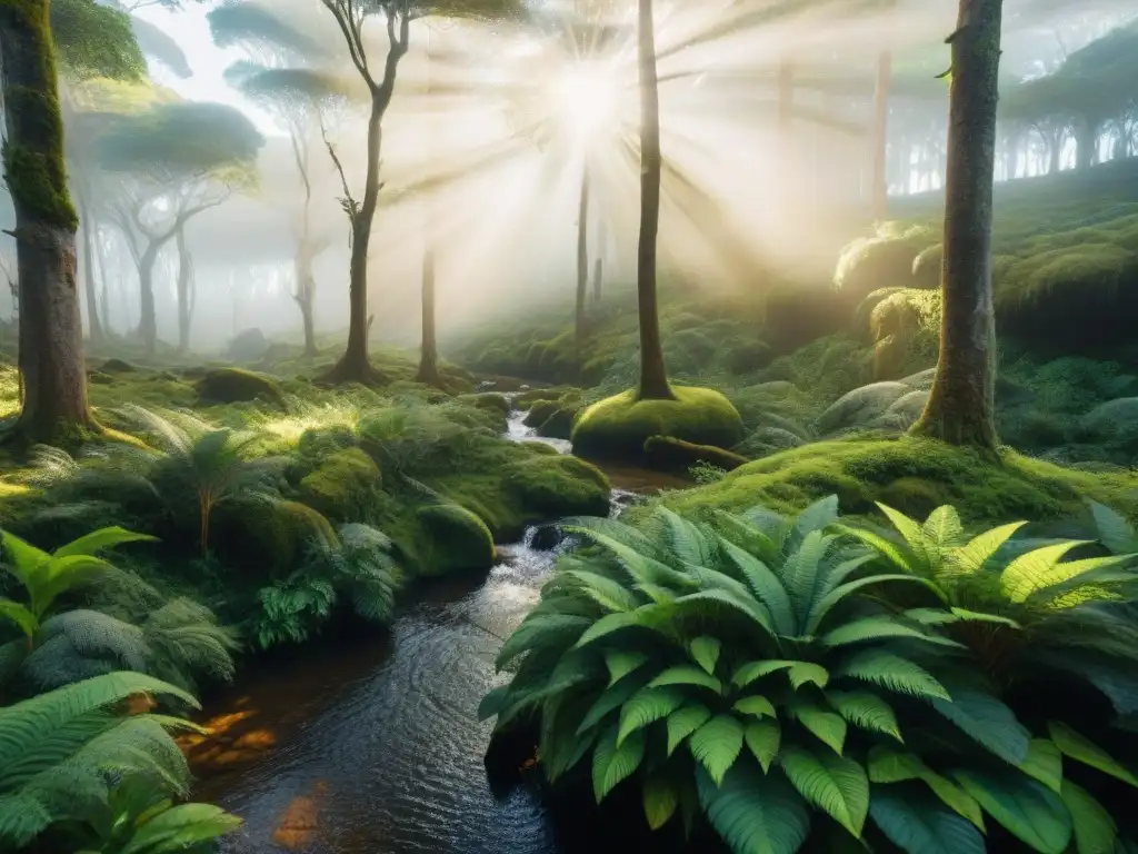 Fotografía de naturaleza en Uruguay: Bosque verde vibrante con detalles intrincados y luz filtrada entre los árboles