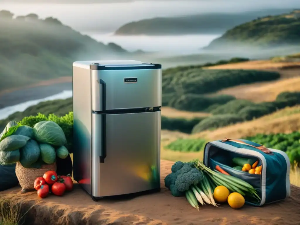 Neveras para camping en Uruguay: Refrigerador portátil en acción en un campamento pintoresco, rodeado de naturaleza vibrante y productos frescos