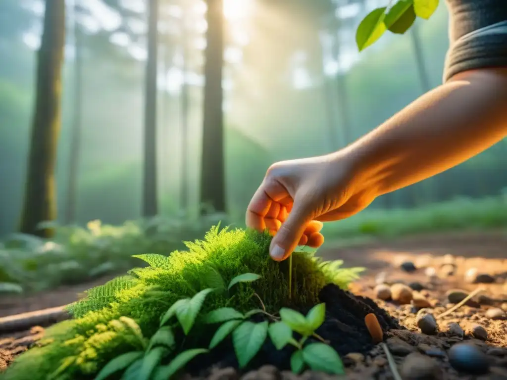 Niño recogiendo basura en camping de Uruguay, enseñando responsabilidad ambiental en la naturaleza