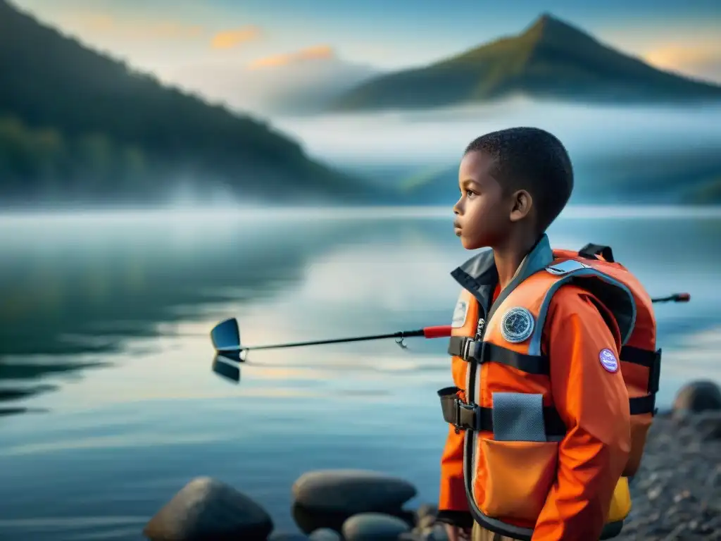 Niño concentrado con chaleco naranja pescando en lago al amanecer