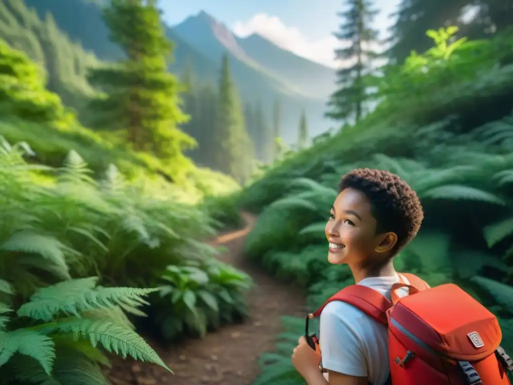 Niño explorador en el bosque con mochila roja y GPS, apuntando a la montaña