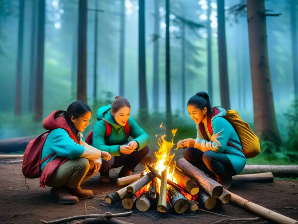 Niños aprenden actividades de supervivencia en camping en un bosque, rodeados de naturaleza y guiados por un adulto