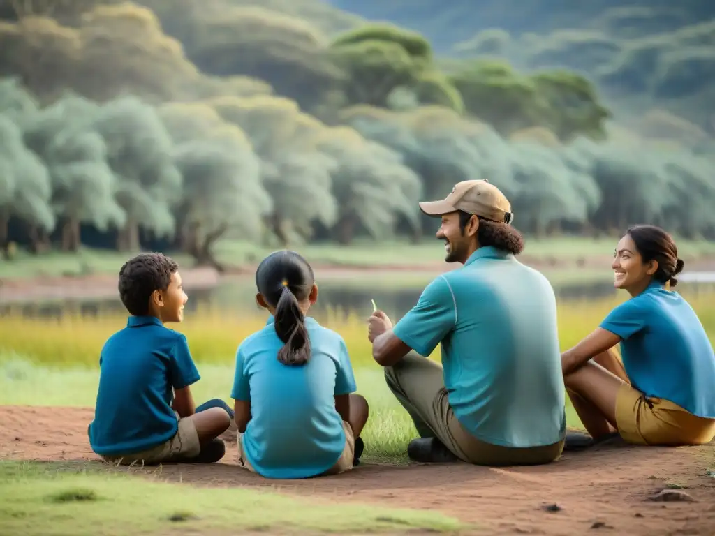 Niños plantando árboles con guardaparques en camping Uruguay, fomentando responsabilidad ambiental