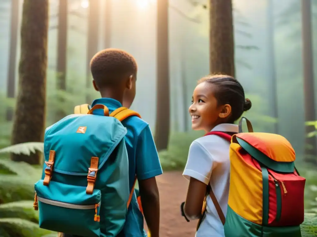 Niños explorando el bosque con GPS para niños camping seguridad, aprendiendo a navegar en la naturaleza al atardecer