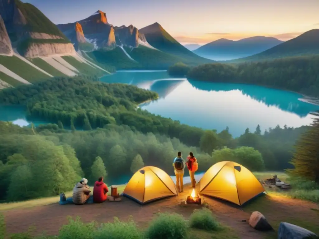 Niños montando coloridas tiendas de campaña con consejos primera aventura camping Uruguay en campamento junto al lago al atardecer