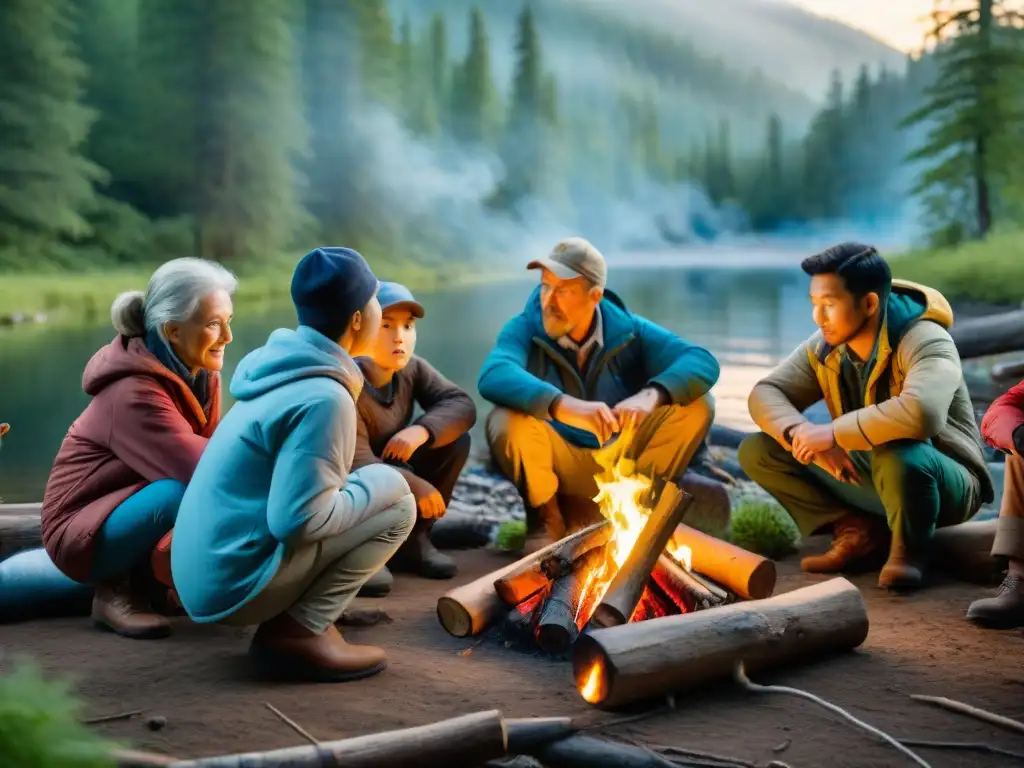 Niños aprenden consejos supervivencia naturaleza alrededor fogata en el bosque al atardecer