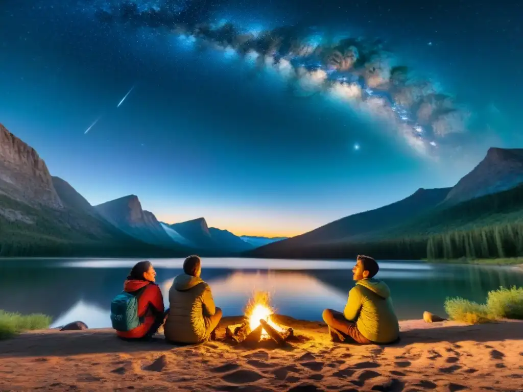 Niños emocionados observando estrellas en camping, iluminados por la cálida luz de la fogata bajo un cielo estrellado