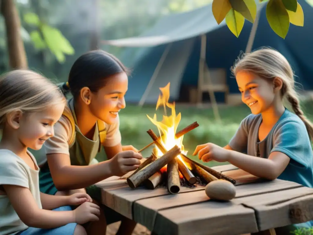 Niños felices realizando manualidades ecológicas en un campamento en Uruguay