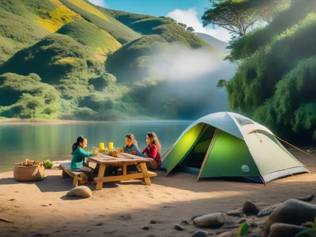 Niños felices disfrutan de manualidades ecológicas en camping en Uruguay, rodeados de naturaleza