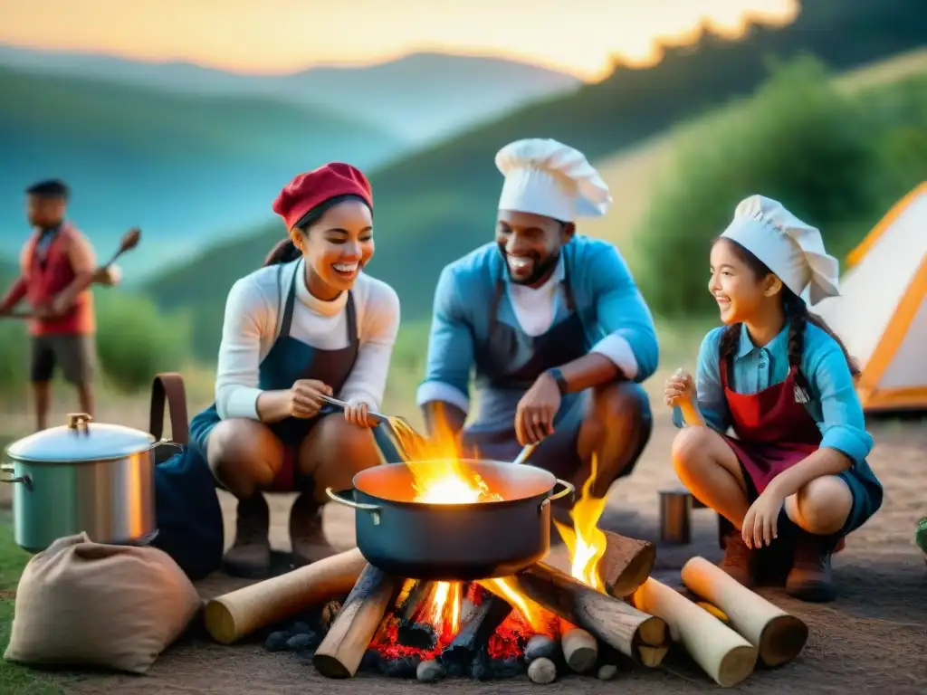 Niños riendo y cocinando alrededor de fogata en campamento