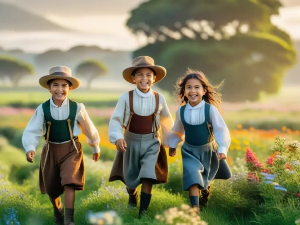 Niños gauchos riendo y jugando en un campo verde de Uruguay, bajo la cálida luz del sol