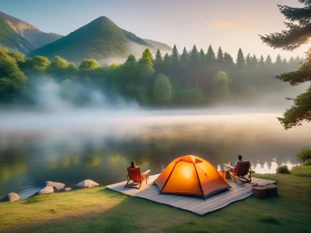 Acampar con niños cerca lagunas: Familia feliz asando malvaviscos alrededor de fogata en campamento junto al río al atardecer