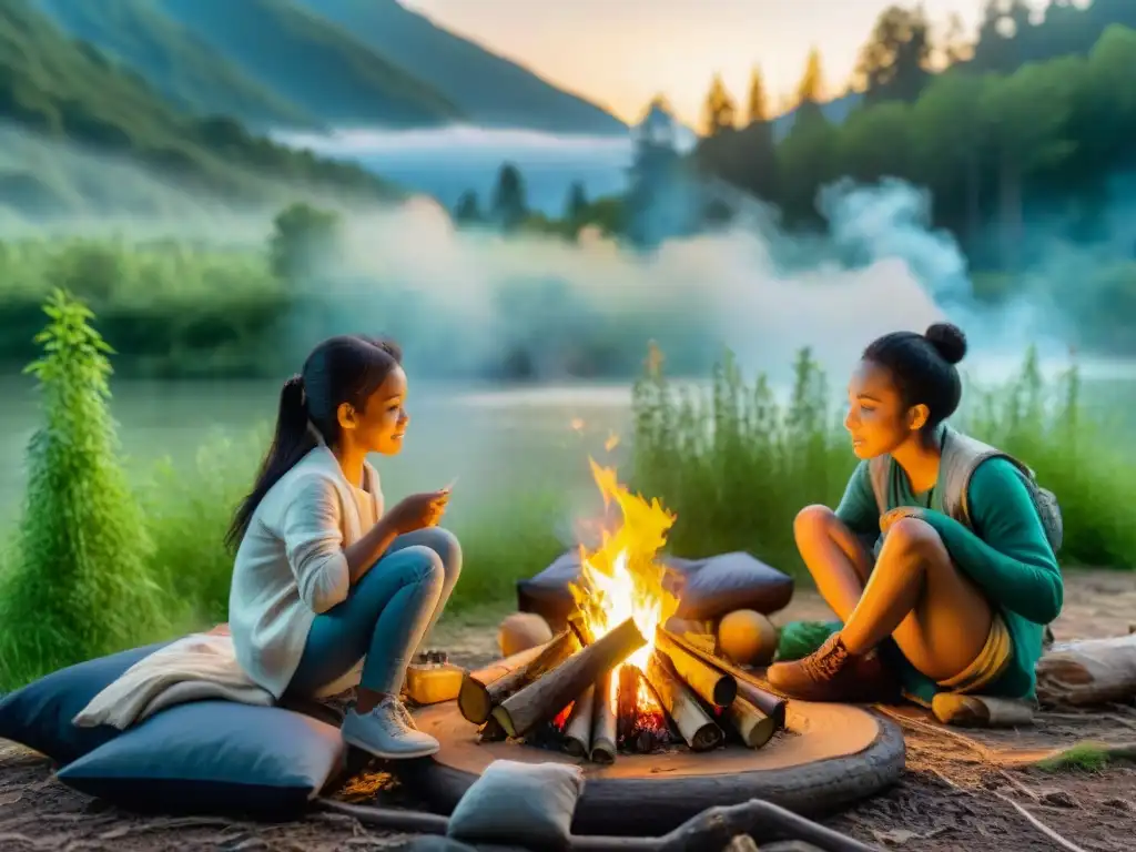 Niños haciendo manualidades ecológicas en el bosque al atardecer