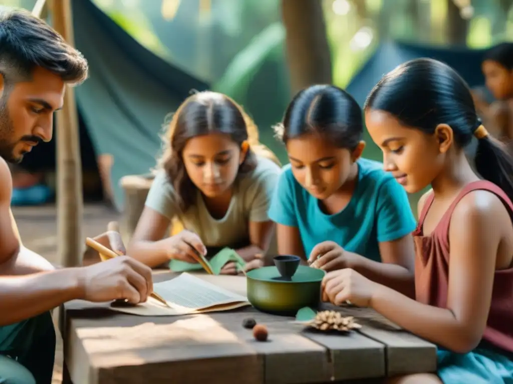 Niños creando manualidades ecológicas en camping en Uruguay