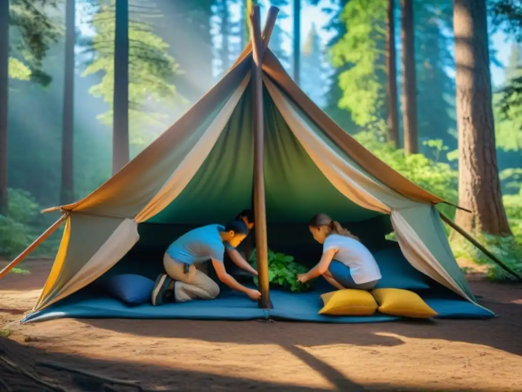 Niños construyendo refugio en el bosque durante campamento educativo