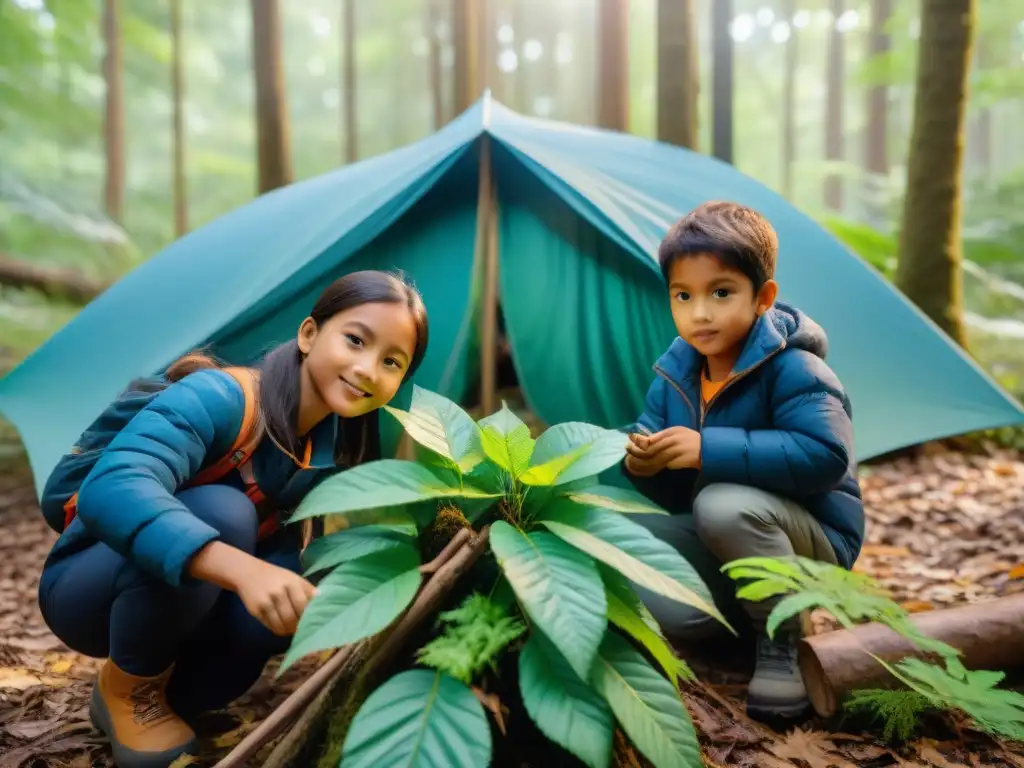 Niños construyendo refugio en bosque, destacando trabajo en equipo y habilidades de supervivencia en la naturaleza