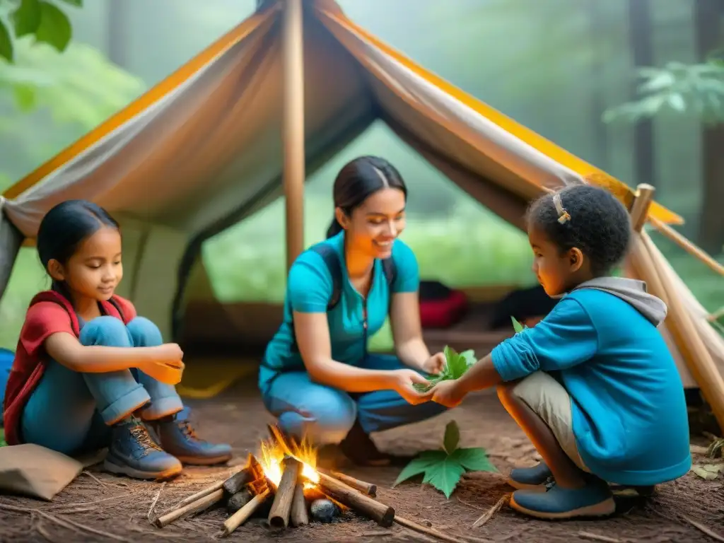 Niños construyendo refugio en campamento, demostrando trabajo en equipo y diversión