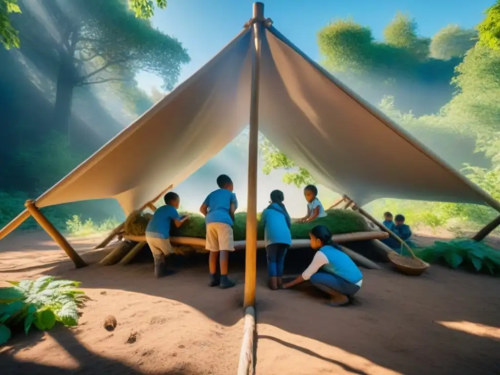 Niños construyen refugio en la naturaleza, practicando habilidades de supervivencia en camping