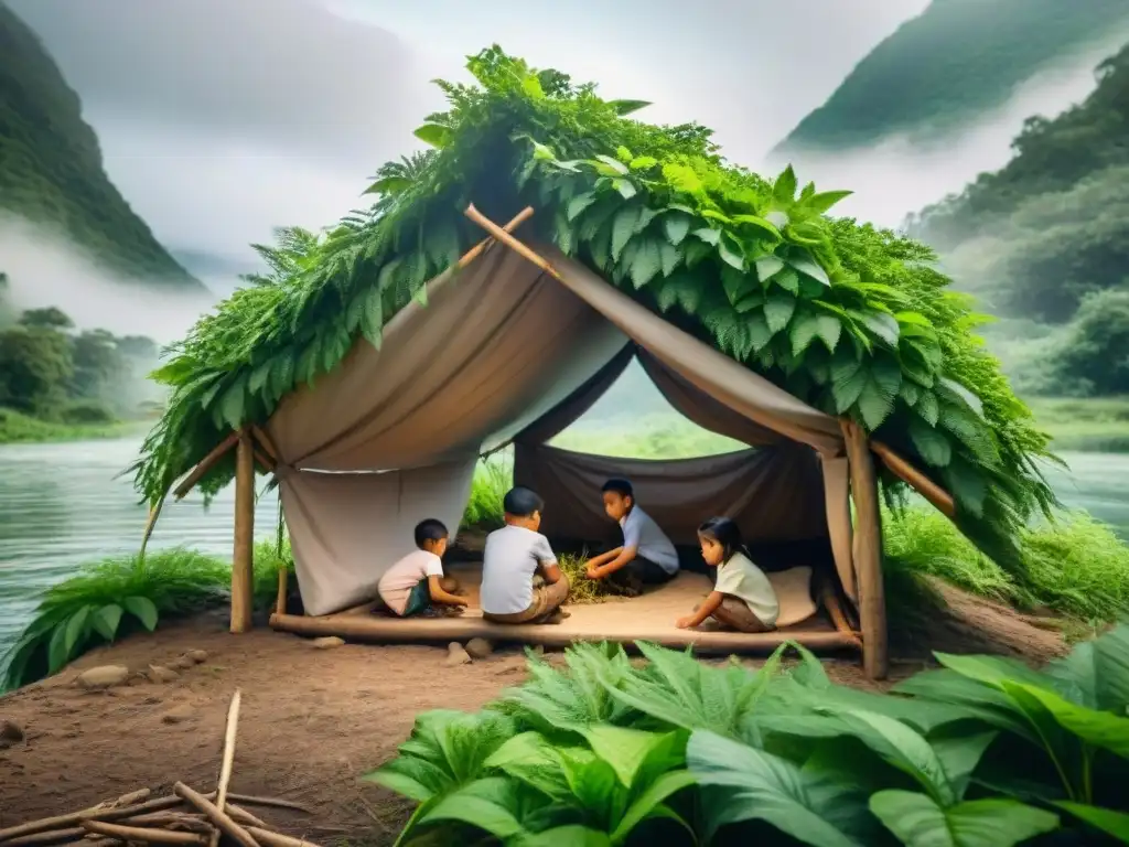 Niños construyendo refugio en la naturaleza con ramas y hojas, demostrando habilidades de supervivencia en equipo