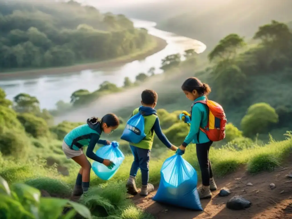 Niños limpiando la ribera de un río en un bosque, con ropa de senderismo colorida