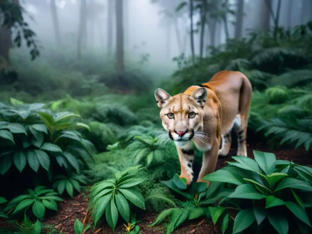 Puma acechando de noche en un bosque de Uruguay, junto a una cámara de vigilancia camuflada