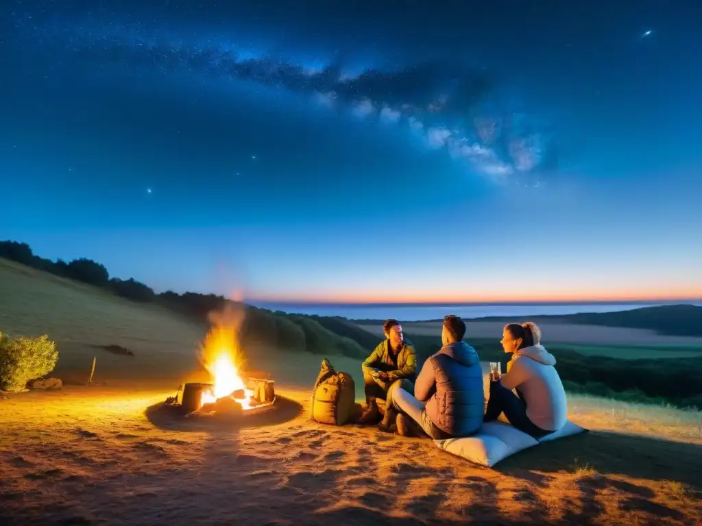 Noche de camping en Uruguay: amigos riendo alrededor de la fogata bajo un cielo estrellado