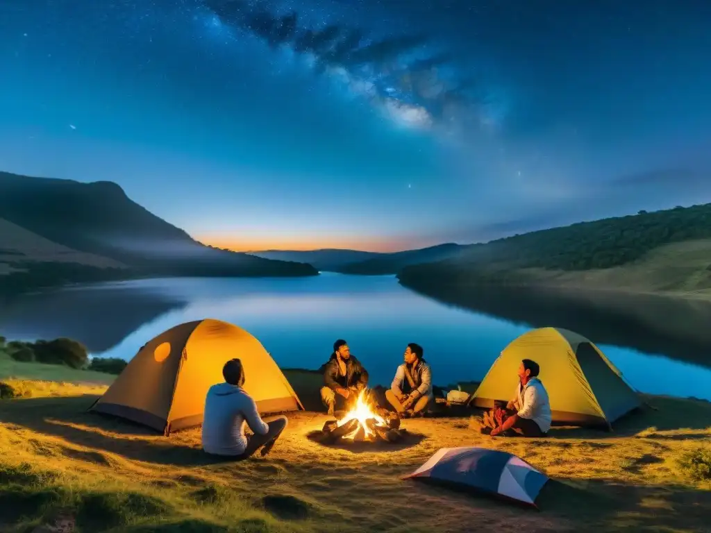 Noche de camping en Uruguay: amigos alrededor de fogata bajo las estrellas en las mejores rutas camping Uruguay