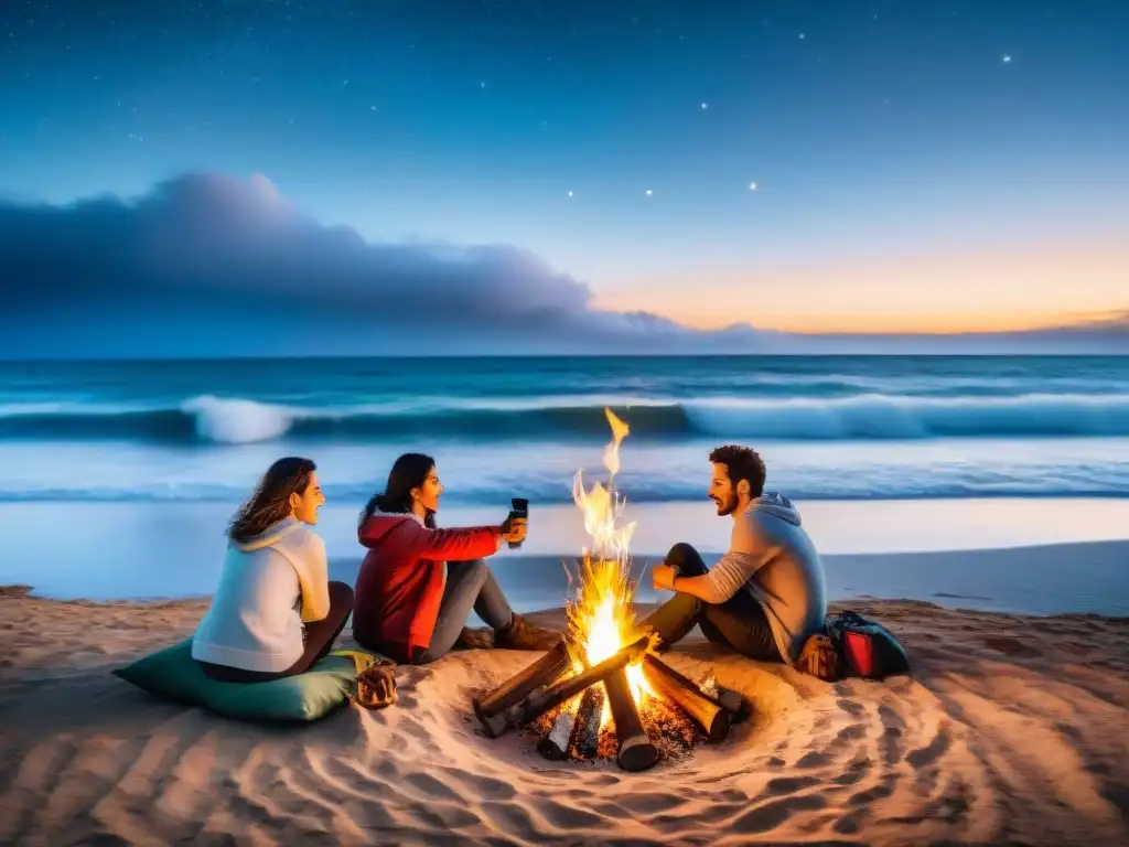 Noche de camping en Uruguay: amigos alrededor de fogata en playa, cielo estrellado