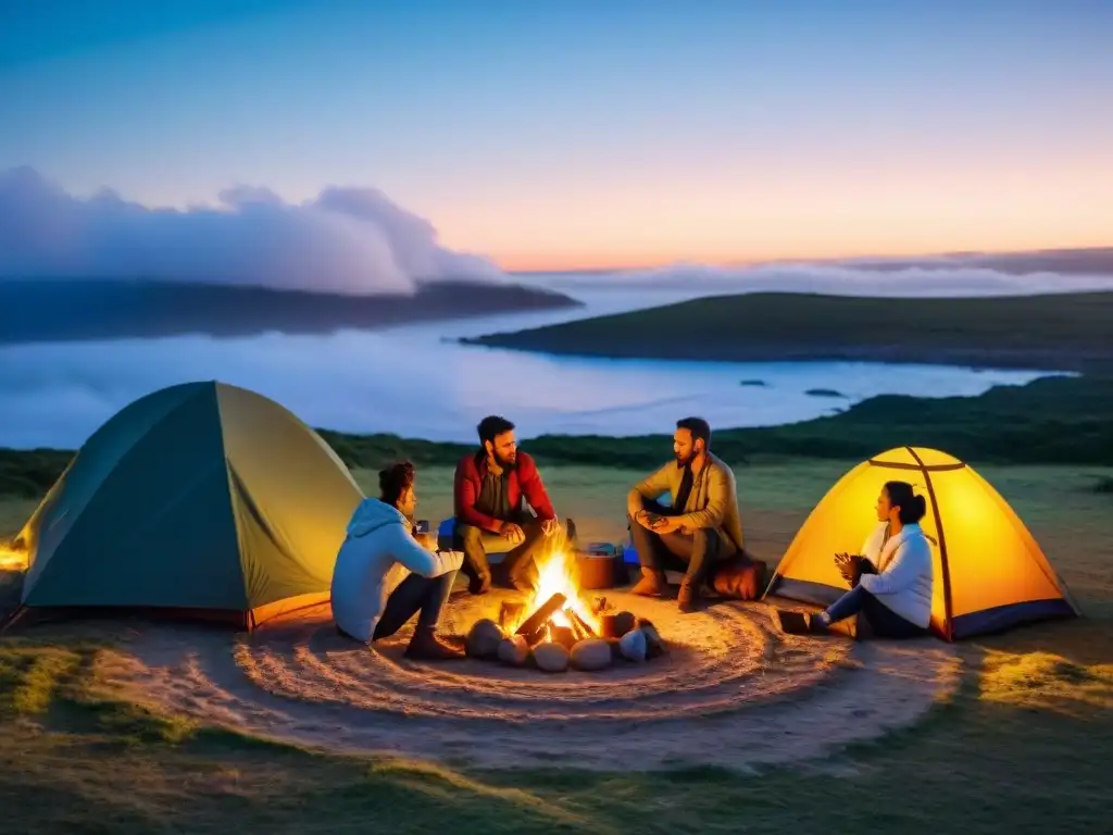 Noche de camping económico en Uruguay: familias alrededor de la fogata, contando historias bajo un cielo estrellado