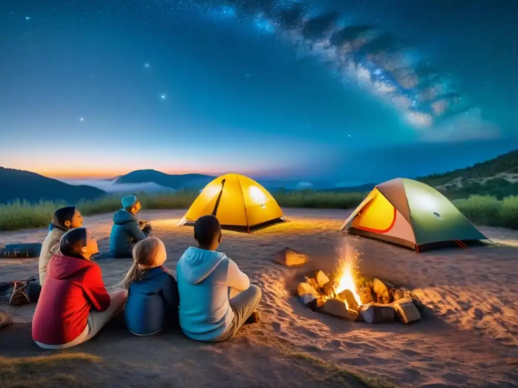 Noche de camping estrellada con niños escuchando atentos a un astrónomo señalando constelaciones