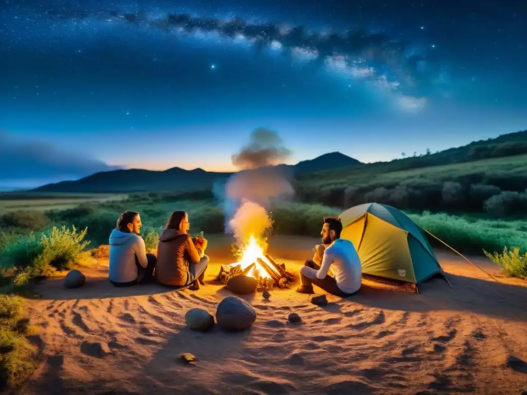 Noche de camping en Uruguay: amigos disfrutan de frutas deshidratadas bajo las estrellas