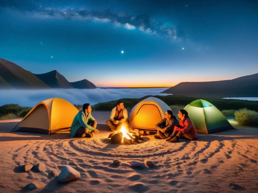 Noche de camping en Uruguay: la hoguera ilumina a campistas escuchando cuentos bajo las estrellas