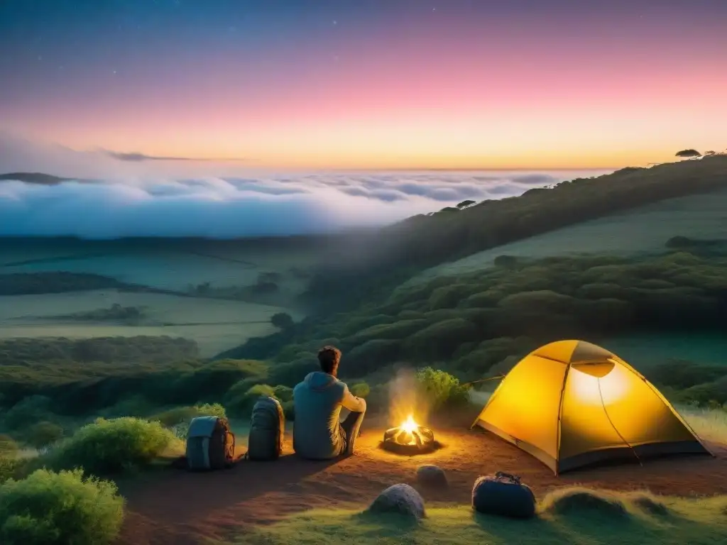 Noche de camping en Uruguay con las mejores baterías portátiles, luces de la tienda brillando en la oscuridad mientras el viajero carga su móvil