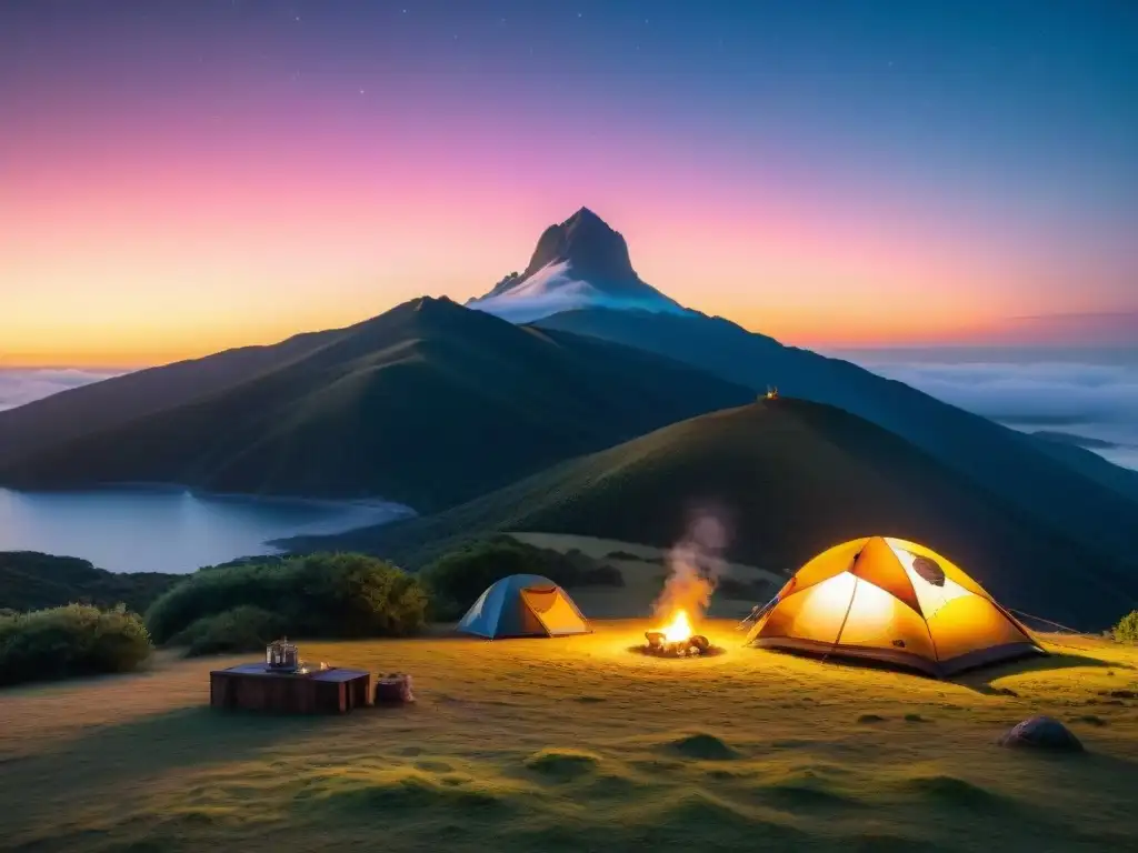 Noche de camping sereno en Uruguay, iluminado por fogata bajo cielo estrellado