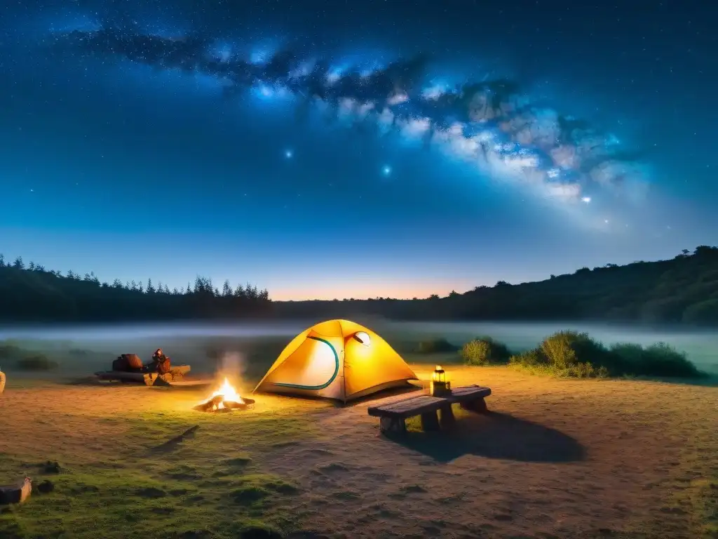 Noche estrellada en un campamento en Uruguay, con fogata y cielo estrellado