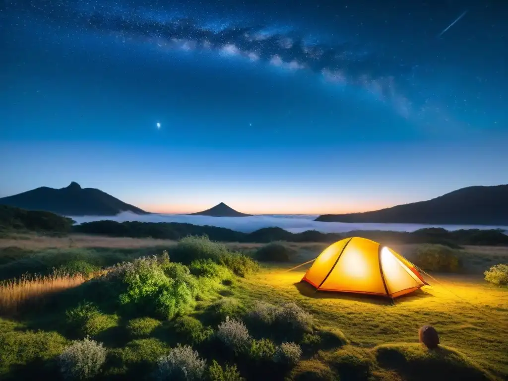 Noche estrellada en campamento sereno en Uruguay con tienda iluminada y montañas distantes