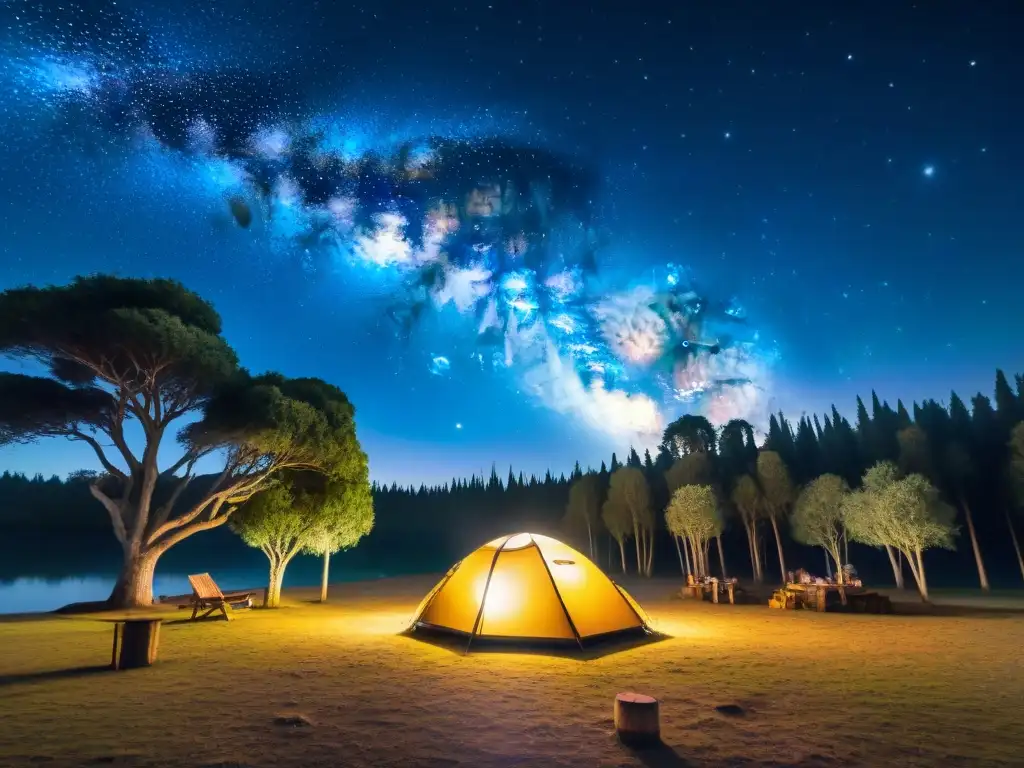 Noche estrellada en camping Uruguay: campamento acogedor con telescopio, fogata y observadores de estrellas bajo la Vía Láctea