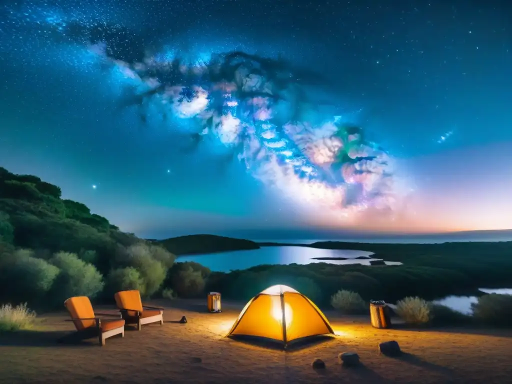 Noche estrellada en camping en Uruguay, un espectáculo astronómico de la Vía Láctea sobre el campamento iluminado