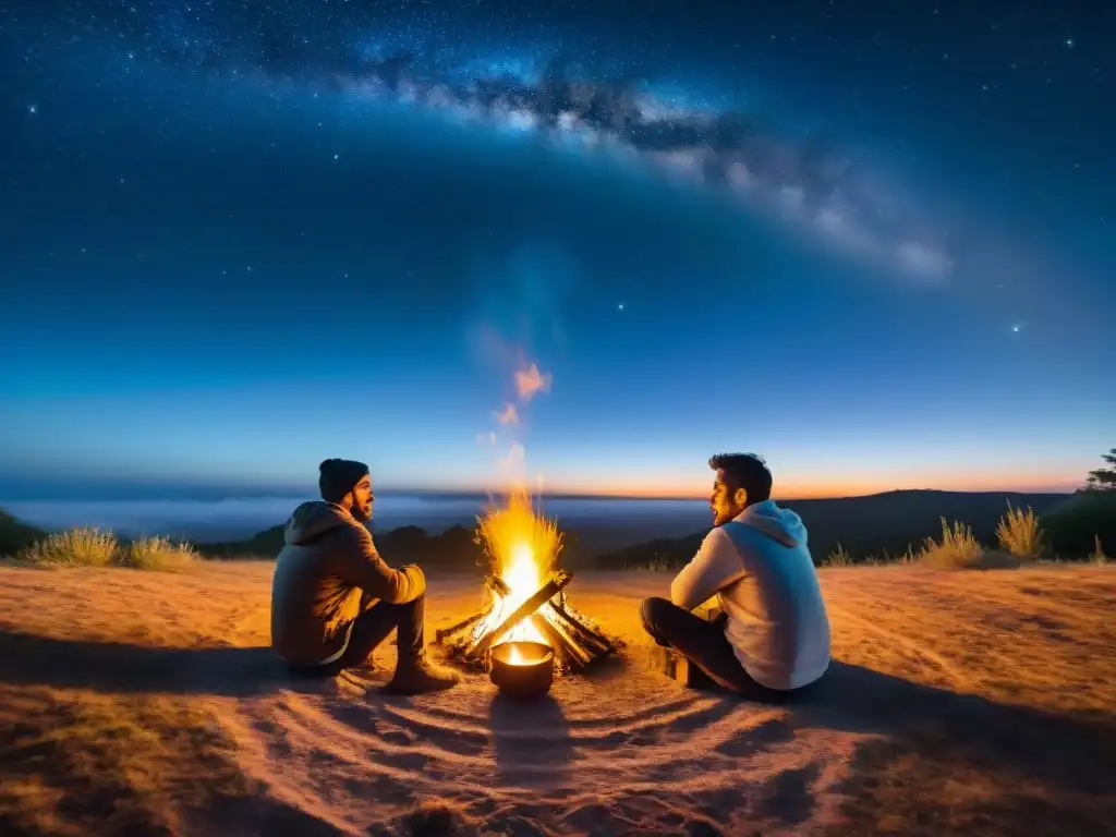 Noche de fogata en el campo uruguayo: grupo escucha tradiciones al calor del fuego