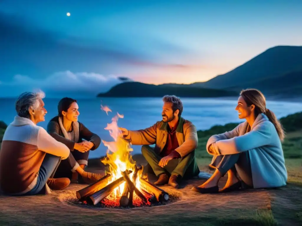 Noche de historias alrededor de la fogata en un camping en Uruguay