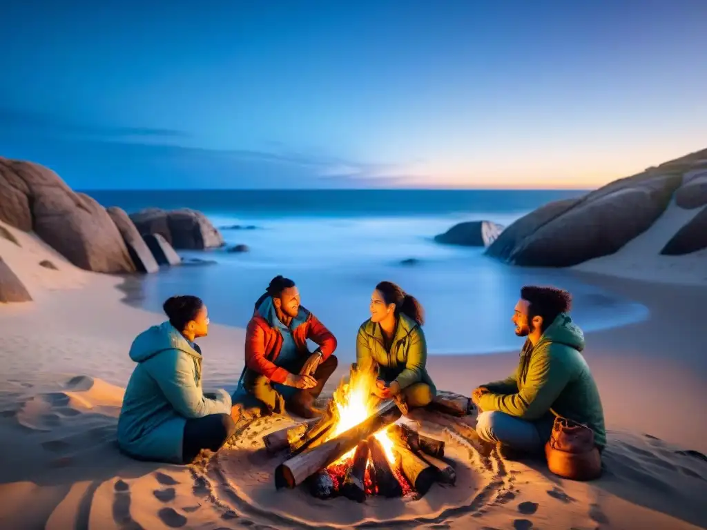 Noche mágica de camping en Cabo Polonio Uruguay: amigos alrededor de la fogata bajo un cielo estrellado, compartiendo risas y anécdotas