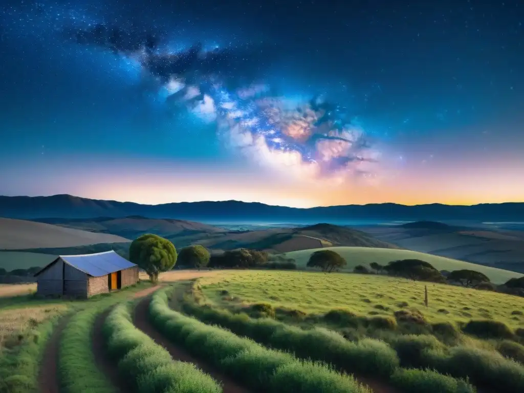 Una noche mágica en el campo uruguayo: la Vía Láctea sobre ranchos y ganado, una escena cautivadora de fotografía nocturna campo Uruguay