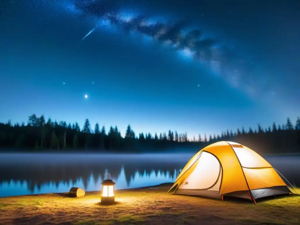 Noche tranquila en el camping con tienda iluminada y estrellas brillantes en el cielo