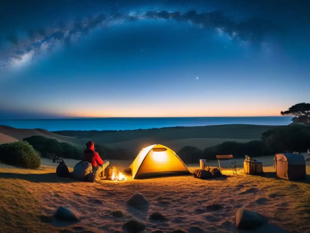 Noches cálidas en campamento en Uruguay con bebidas calientes y fogata, bajo un cielo estrellado