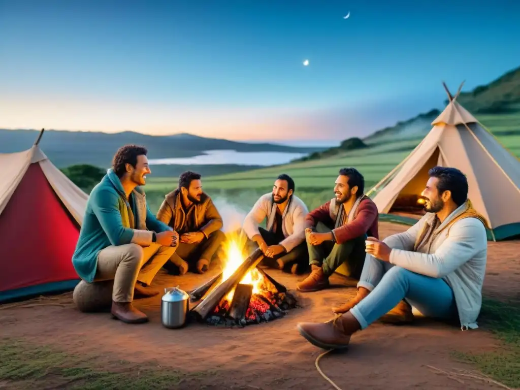 Noches de campamento en Uruguay: turismo sostenible entre amigos disfrutando del mate alrededor de la fogata bajo un cielo estrellado