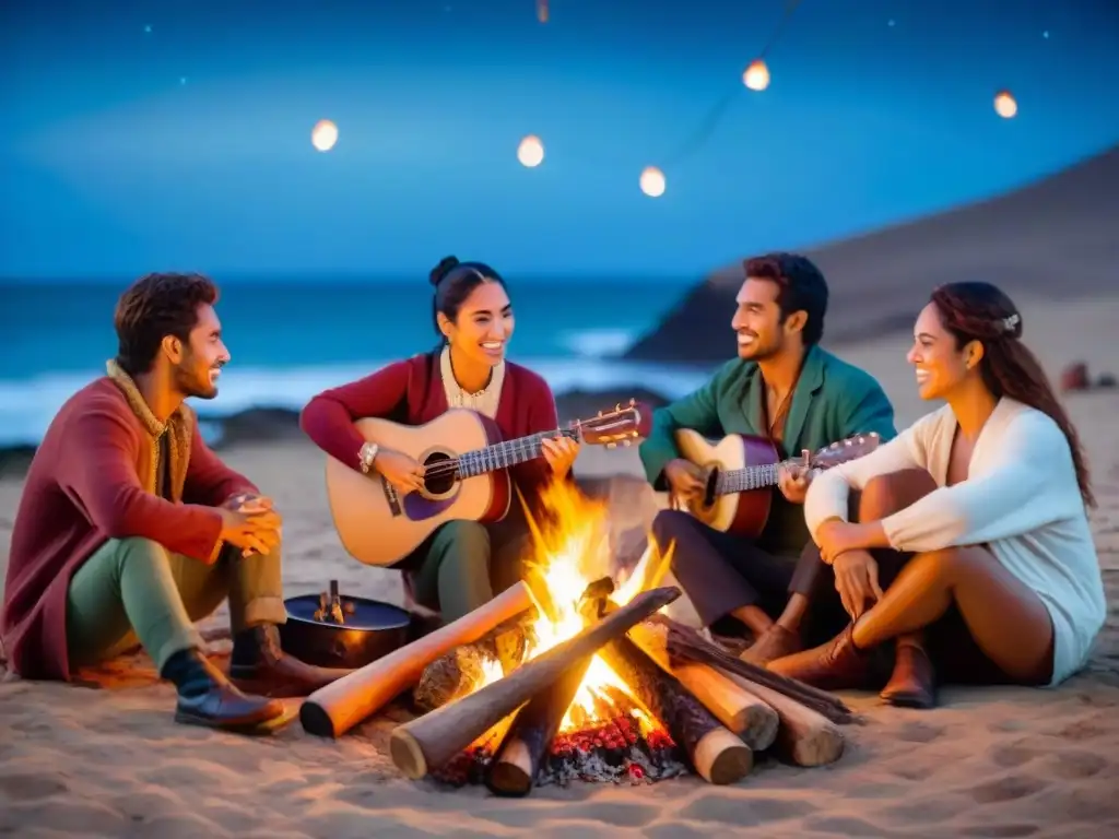 Noches de música tradicional en camping uruguayo: campamento alrededor de fogata con instrumentos y cantos folclóricos bajo el cielo estrellado