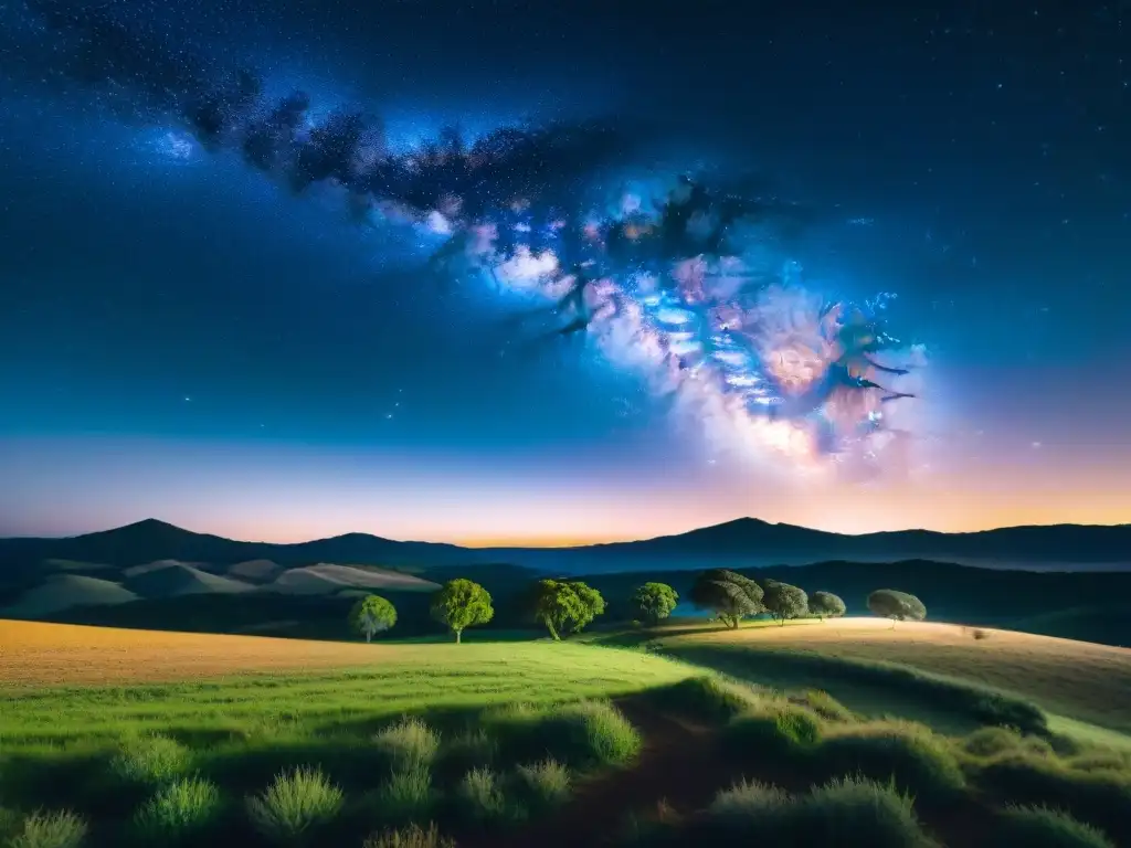 Fotografía nocturna del campo en Uruguay con la vía láctea brillando sobre el cielo estrellado