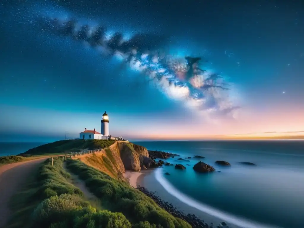 Fotografía nocturna en Uruguay: un cielo estrellado sobre la costa, con la Vía Láctea en el horizonte y la luz de un faro a lo lejos