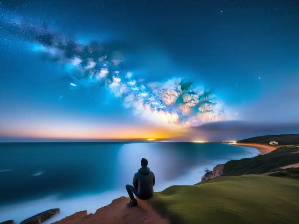 Fotografía nocturna en Uruguay: La Vía Láctea sobre la costa de Punta del Este, con un fotógrafo capturando el cielo estrellado